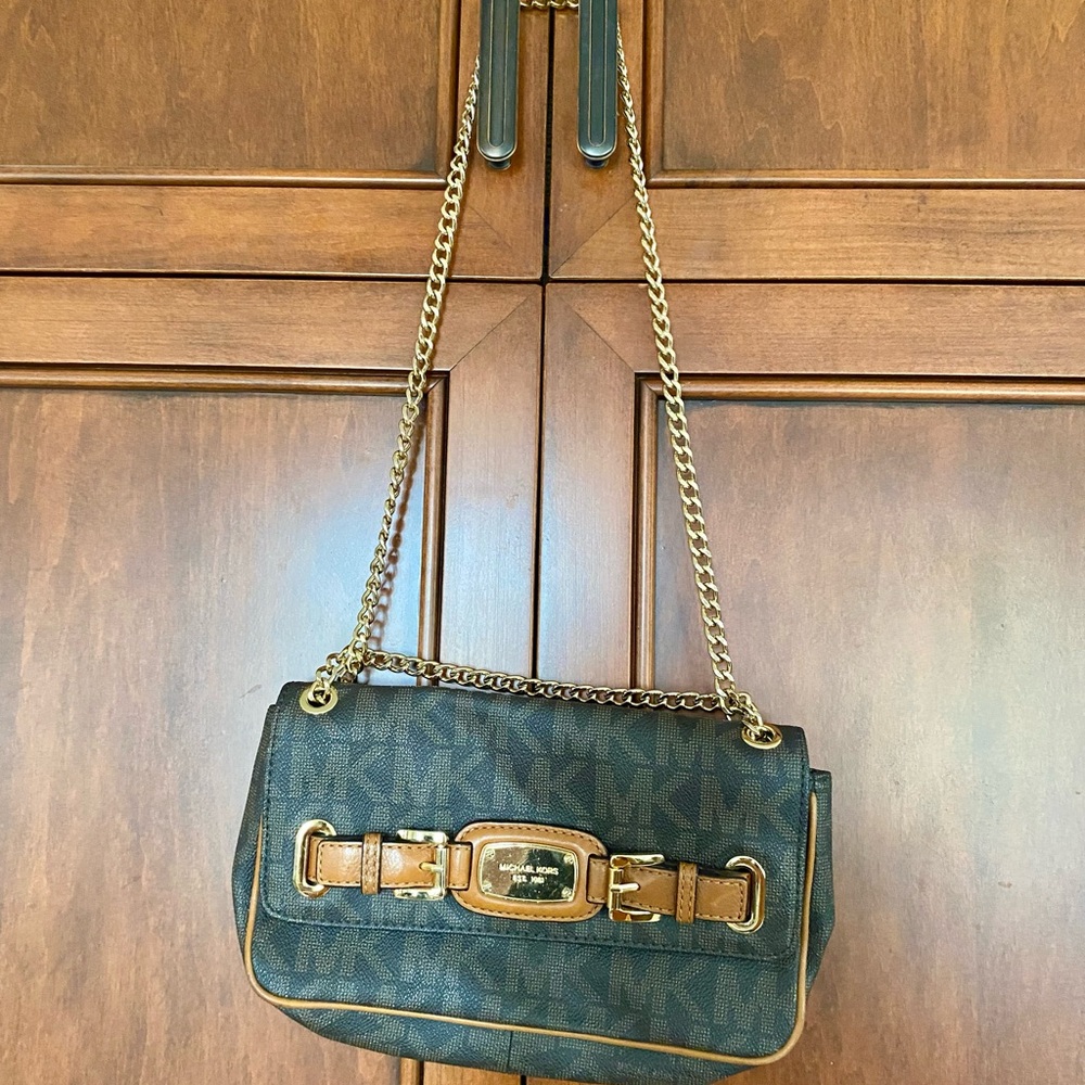 Michael Kors Brown and Gold Monogram Shoulder Bag